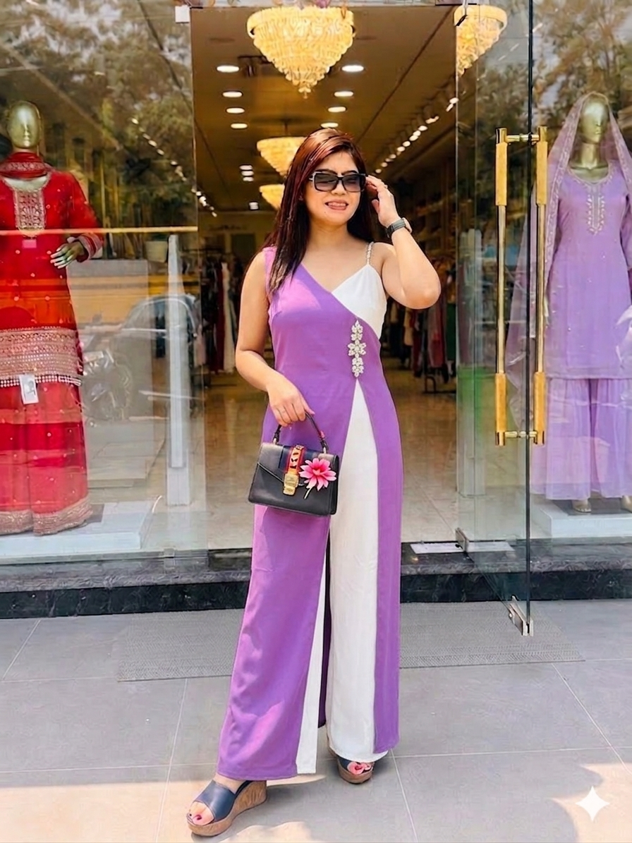 Q562307 Stylish Color-Blocked High-Slit Jumpsuit with Decorative Waist Embellishment