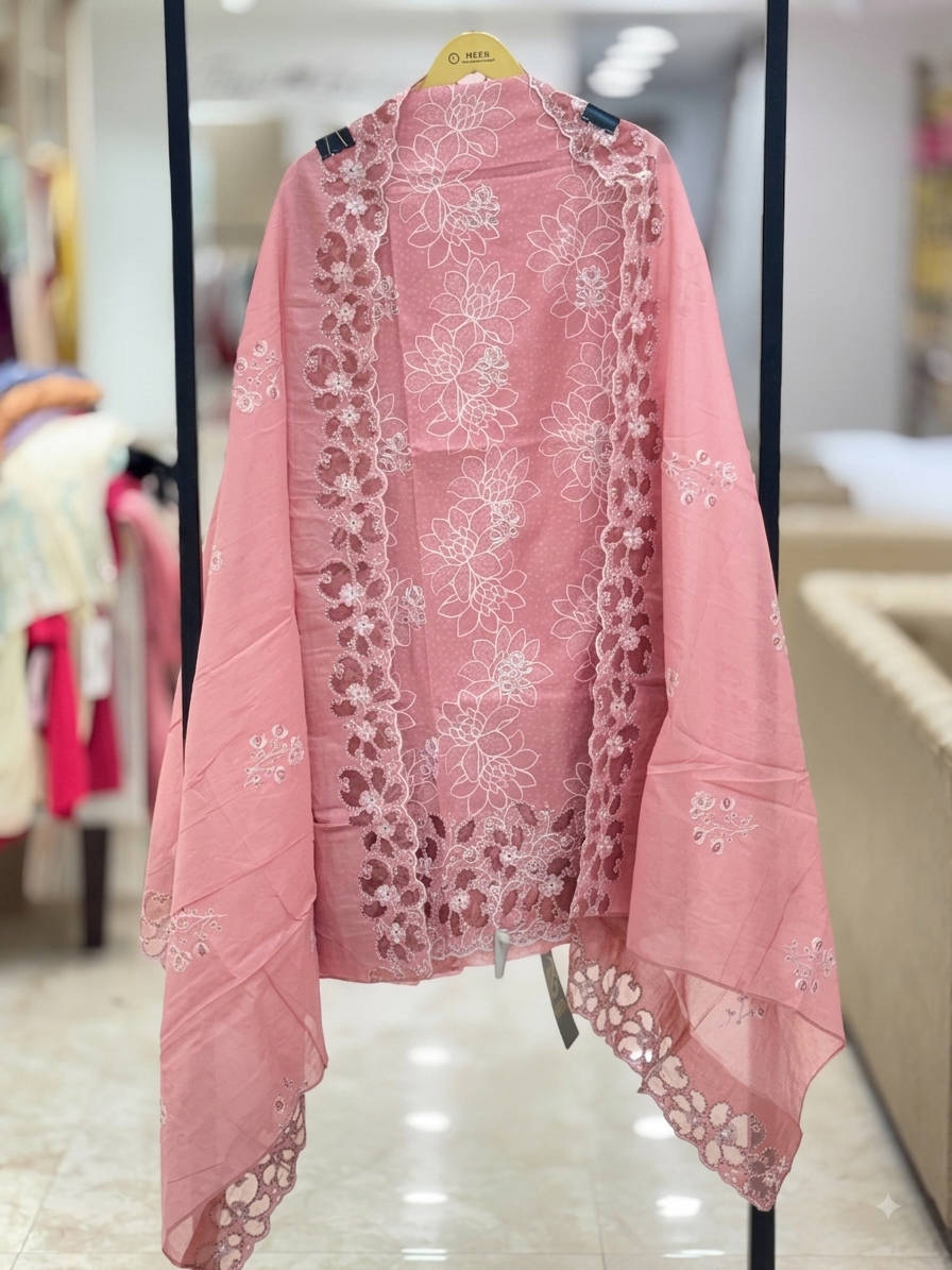 Rose Pink Floral Embroidered Unstitched Suit Set q562911