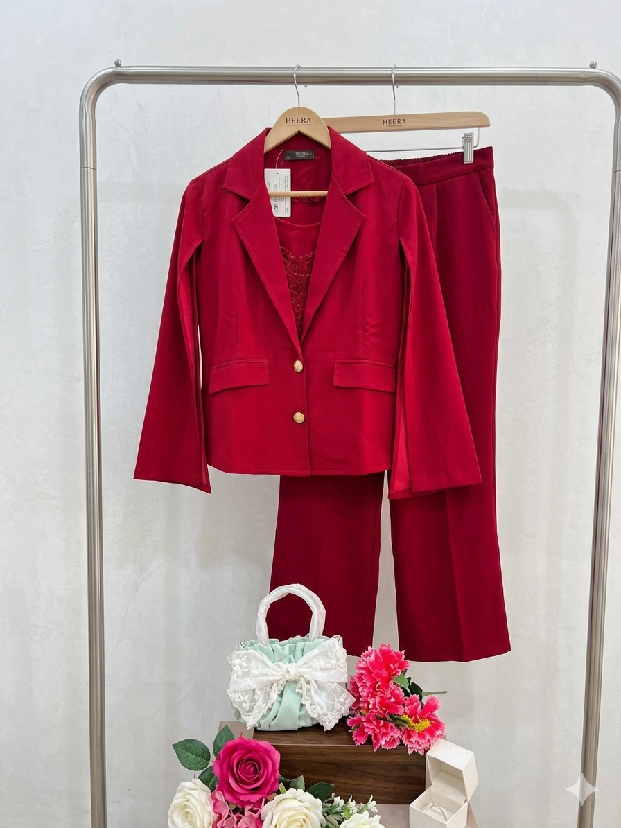 Q562544 Wine Red 3-Piece Party Wear Co-ord Set with Sequin Crop Top & Blazer