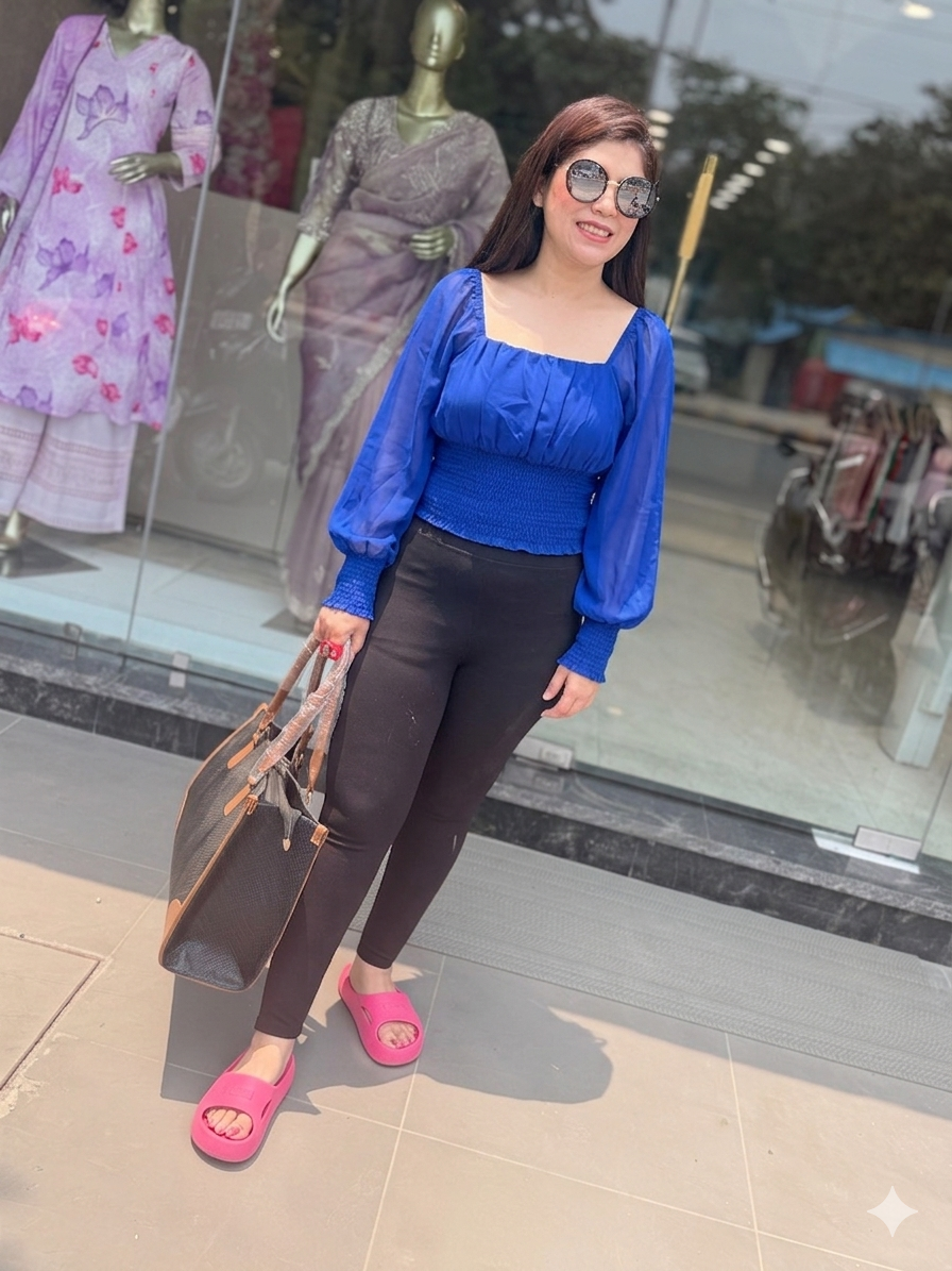 Royal Blue Smocked Off-Shoulder Balloon Sleeve Top q562771