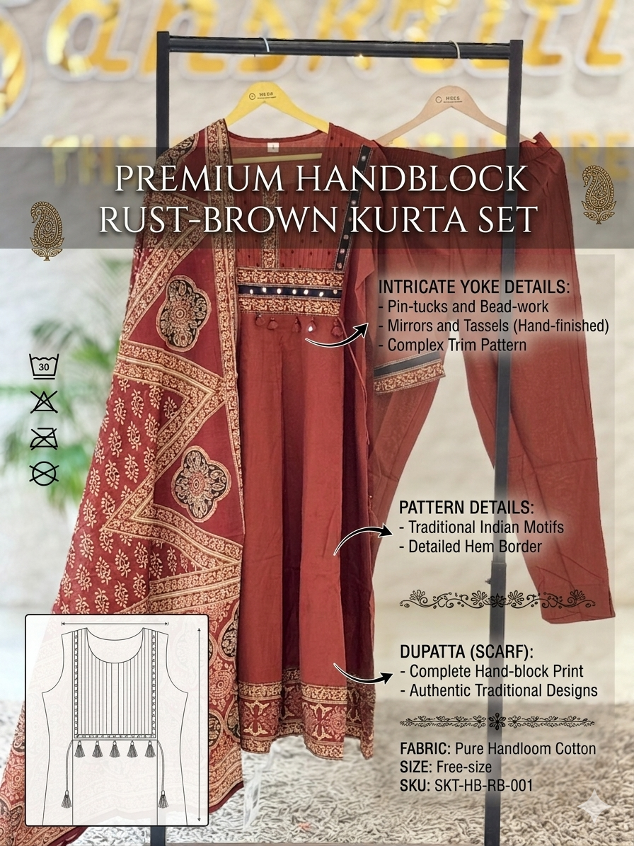 Premium Rust-Brown Hand-Block Printed Cotton Kurta Set with Ajrakh Dupatta q562836