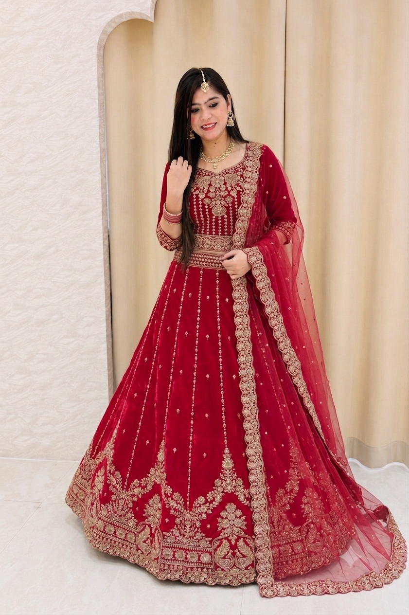 Bridal Crimson silk Embroidered Lehenga Choli Set with Heavily Embellished Dupatta q562143