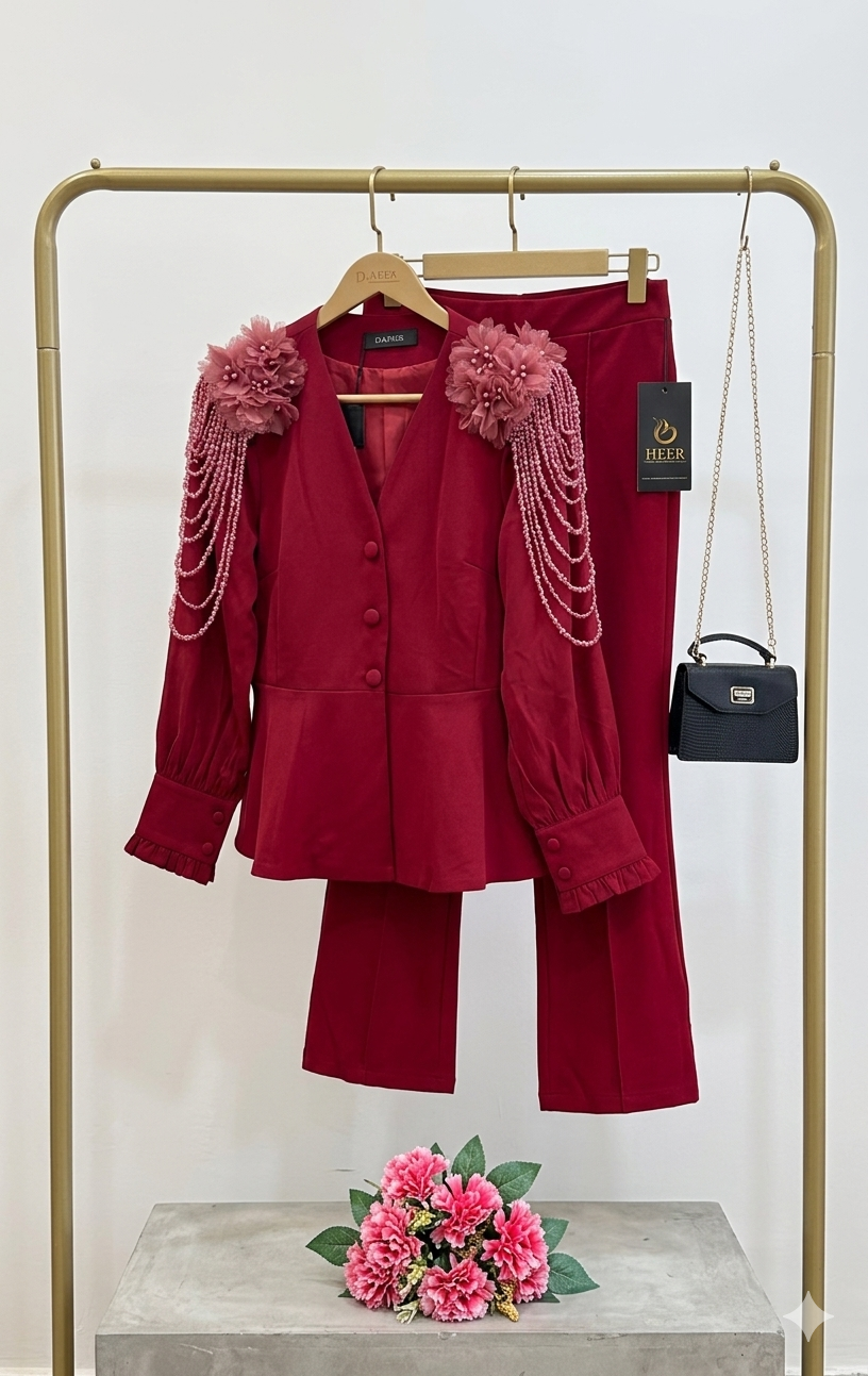 Q562556 Elegant Wine Red Embellished Co-Ord Set for Women