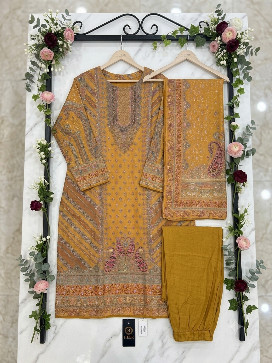 Mustard Yellow Printed & Embroidered Kashmiri Style Stitched Suit Set q562942