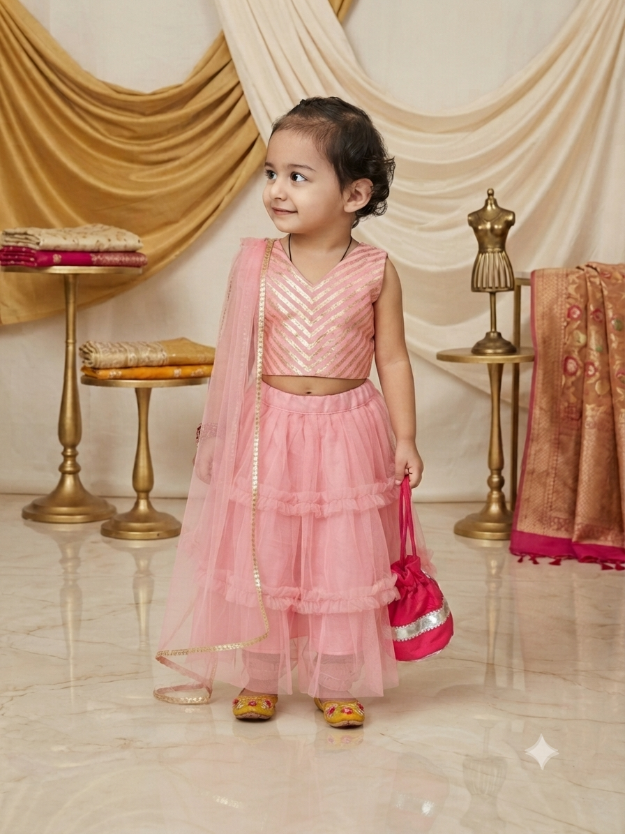 Exquisite Pink Chevron Sleeveless Choli and Tiered Tulle Lehenga Set q562954