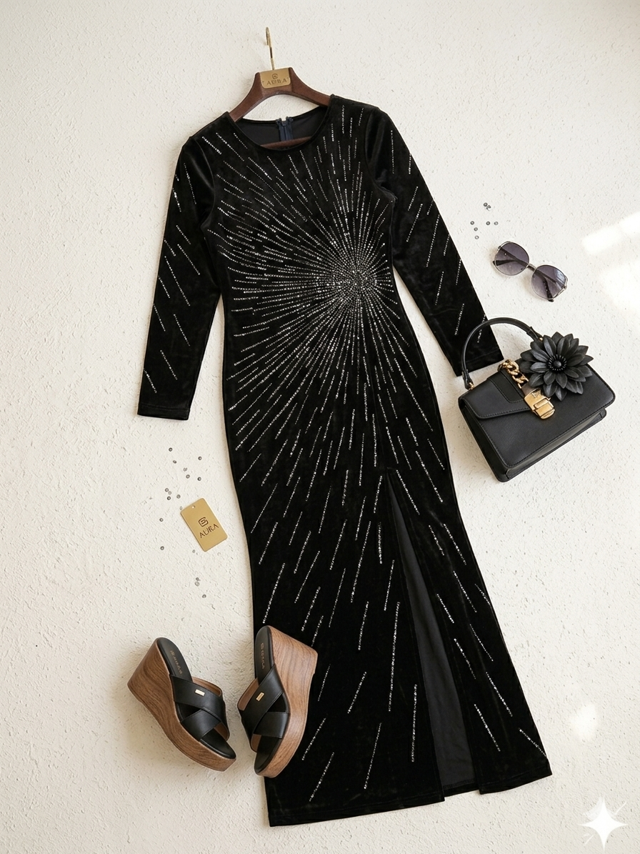 Q562152 Elegant black sequin gown with dazzling starburst detailing and a sleek front slit