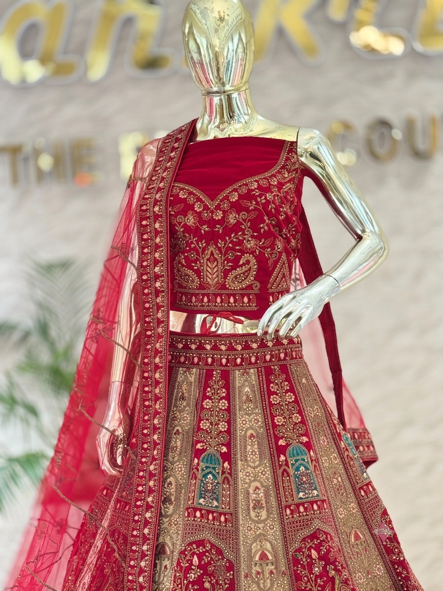 Royal Crimson Hand-Embroidered Bridal Lehenga Choli Set 109410