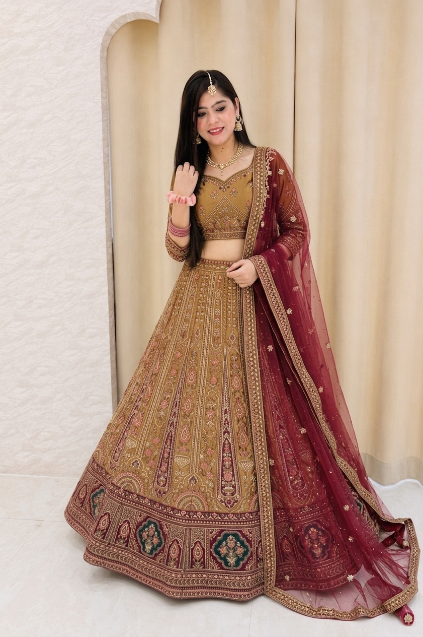 Regal Antique Gold Velvet Hand-Embroidered Bridal Lehenga Choli Set 109689