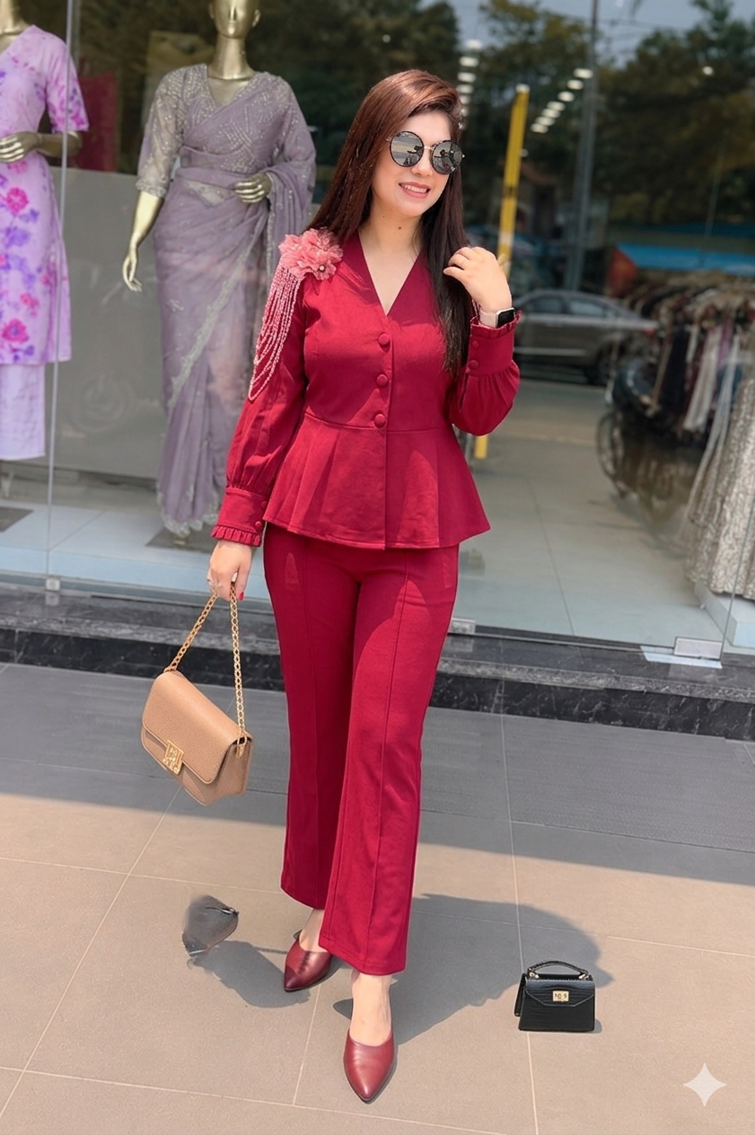 Q562556 Elegant Wine Red Embellished Co-Ord Set for Women