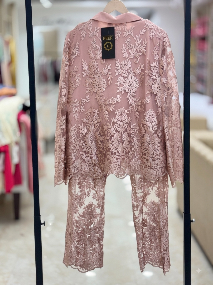 Elegant onion  Heavily Embroidered Floral Lace Blazer & Matching Trousers Co-ord Set q562853