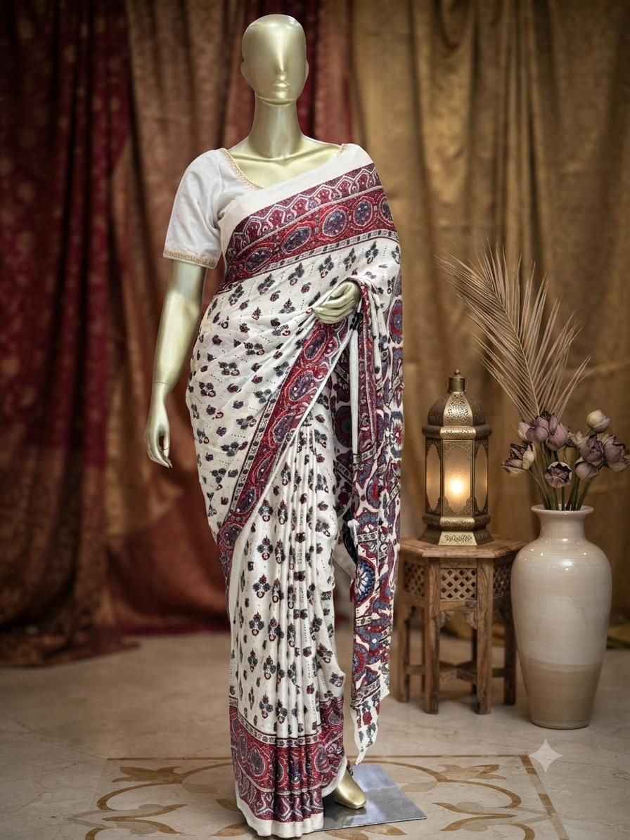 Elegant Off-White and Maroon Block Print Cotton Saree with Traditional Border q562964