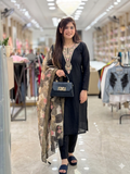Q561157 Sophisticated Black Embroidered Kurta Set with Floral Print Ajrakh Dupatta