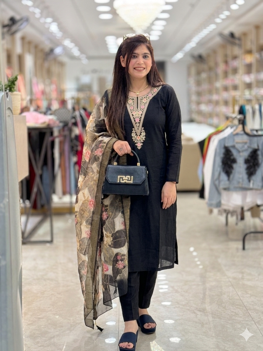 Q561157 Sophisticated Black Embroidered Kurta Set with Floral Print Ajrakh Dupatta