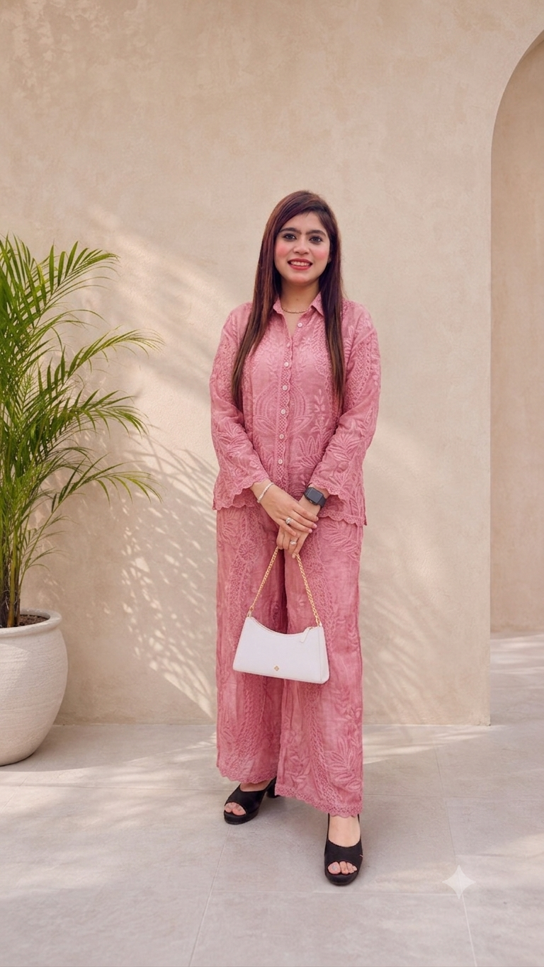 Dusty Pink Chikankari & Sequin Embroidered Co-ord Set Q562848