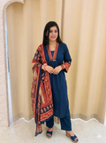 Premium Dark Blue Hand-Block Printed Cotton Slub Kurta Set with Ajrakh Dupatta q562809
