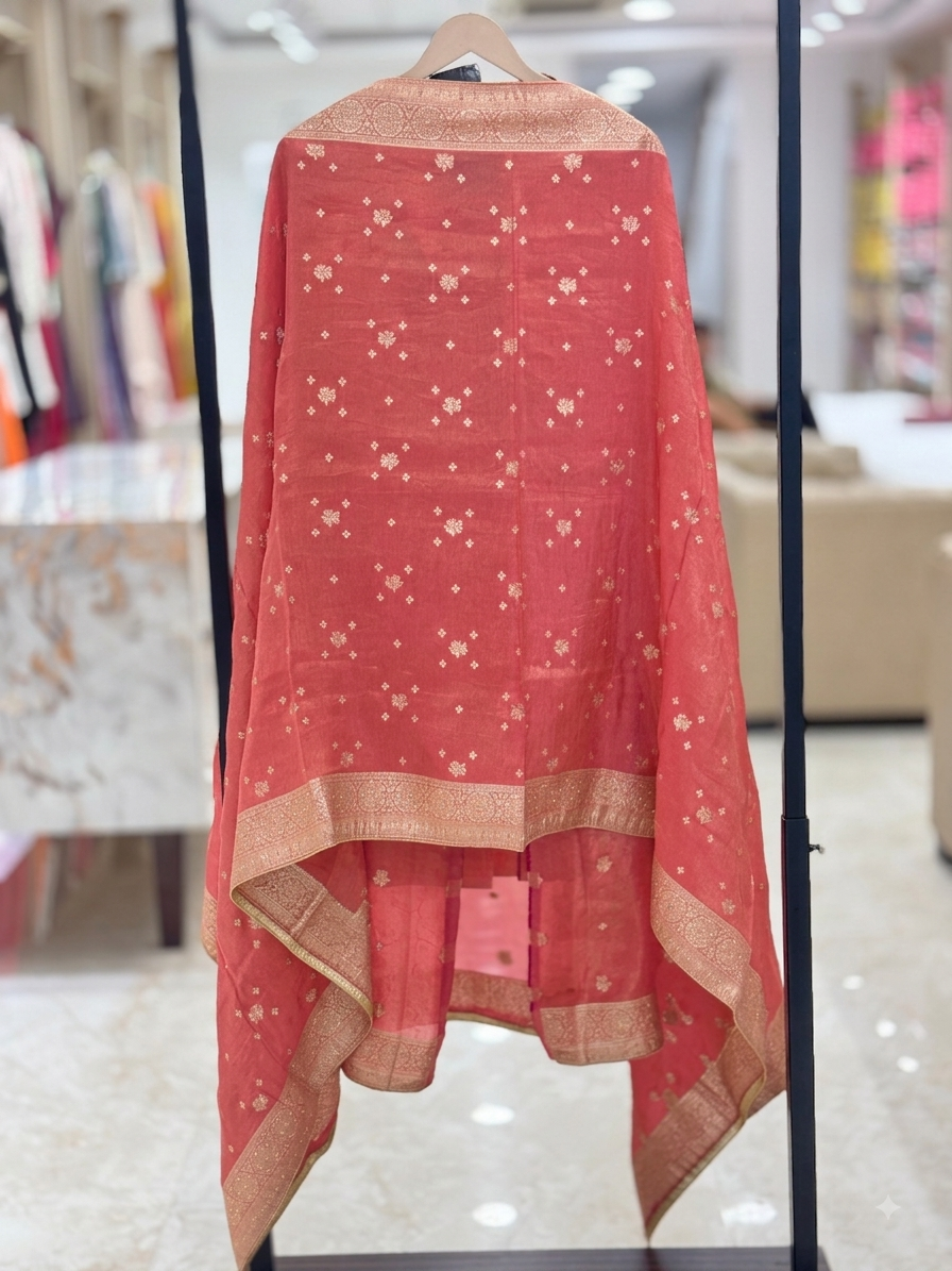 Coral Pink Embroidered Unstitched Suit Set beautiful neck style . q561585