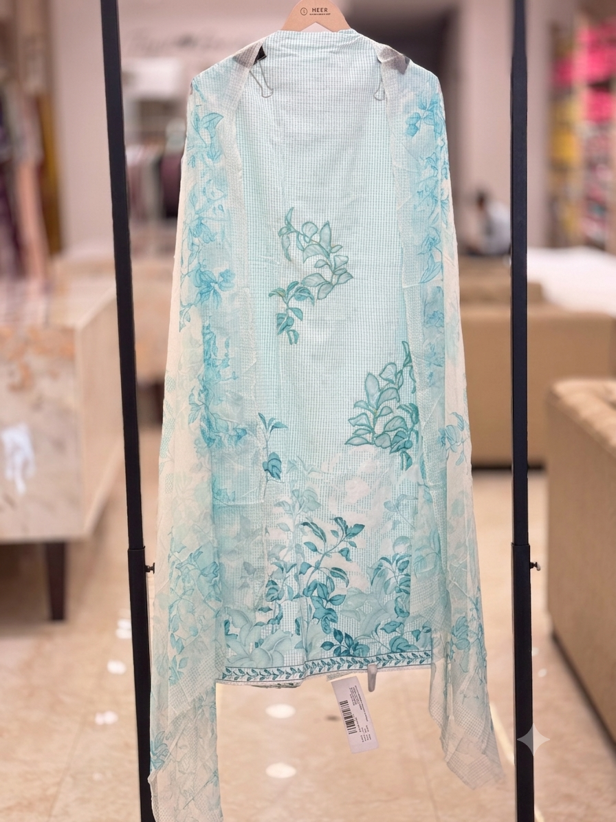 Elegant Sky Blue Floral Embroidered Unstitched Cotton Suit Set with Sheer Printed Dupatta  q562919
