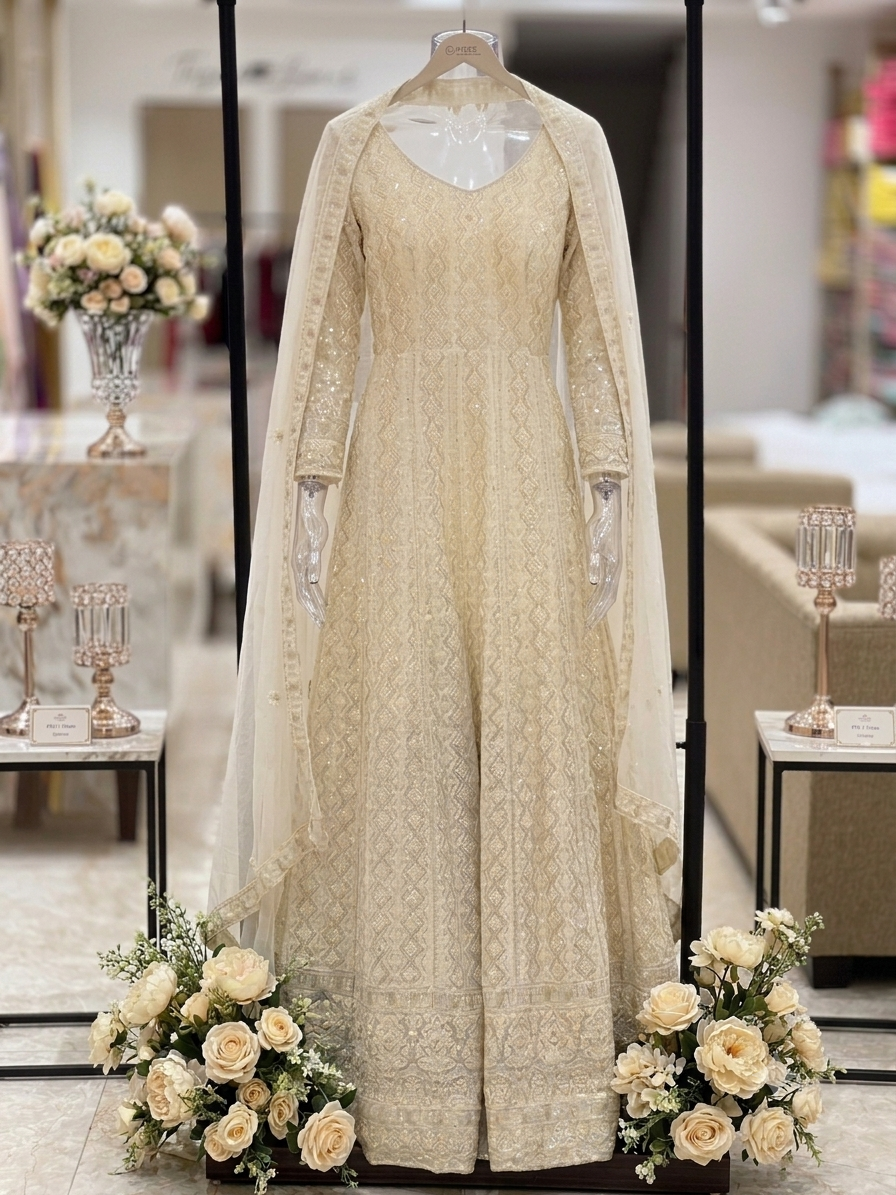 Premium Cream Embroidered Georgette Anarkali Gown with Sequins & Dupatta q562445