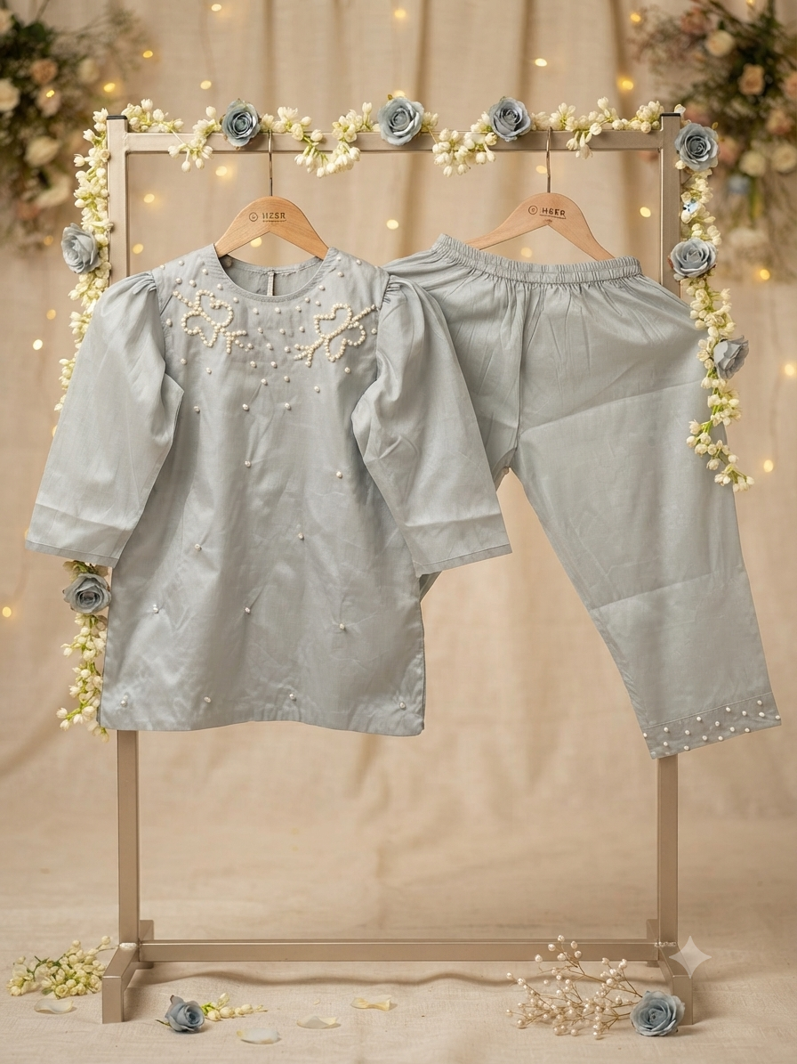 Pastel Grey Pearl-Embellished Kurta & Trousers Set q562952