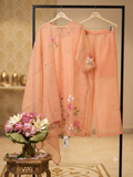Elegant Peach Organza Co-ord Set with Intricate Floral Embroidery q562936