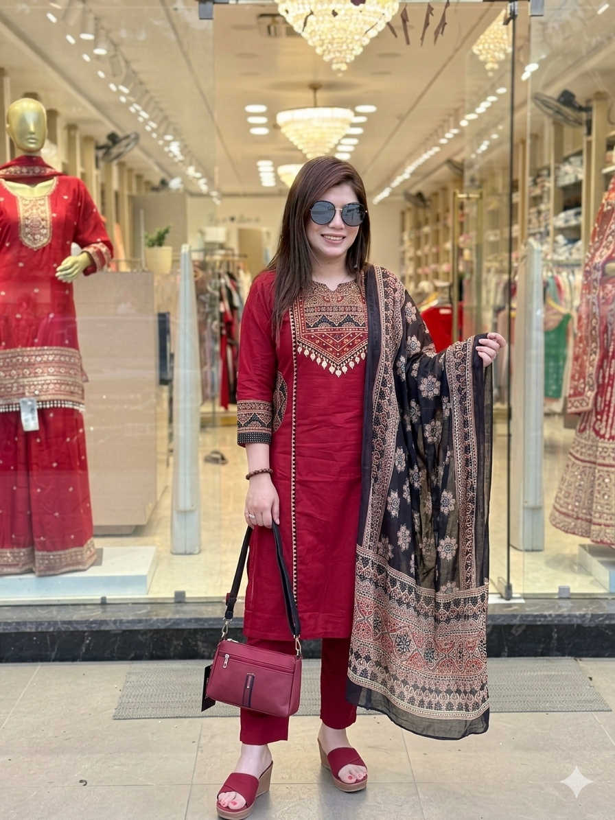 Q562844 Elegant Crimson Red Cotton Suit Set with Kalamkari Print Dupatta (M-XXL)