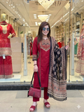 Q562844 Elegant Crimson Red Cotton Suit Set with Kalamkari Print Dupatta (M-XXL)