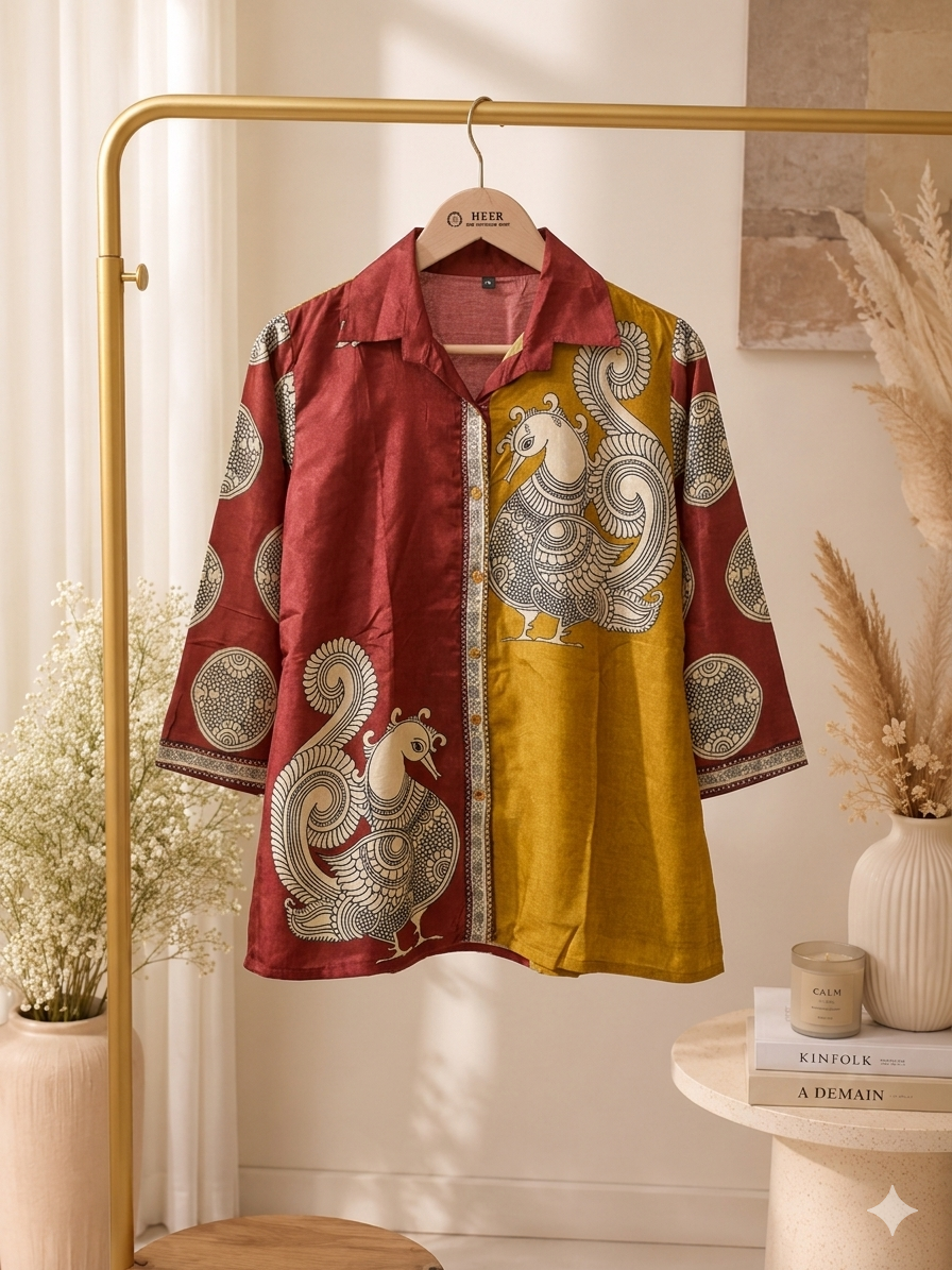 Artisanal Peacock Motif Fusion top – Traditional Maroon & Mustard Shirt-Style q562799