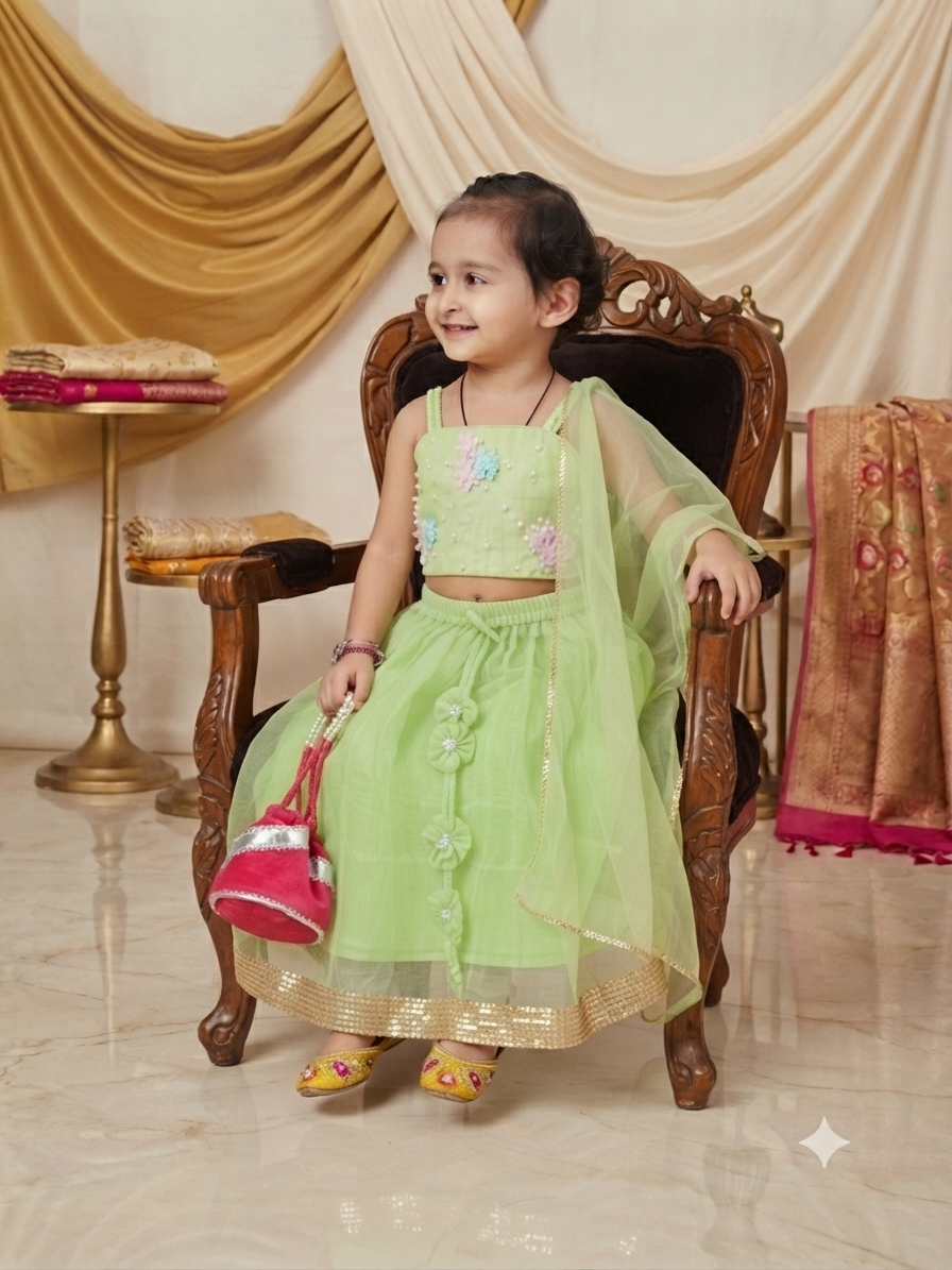 Exquisite Pistachio-Green Tulle Lehenga Choli with Hand-Embellished Floral Detail q562955