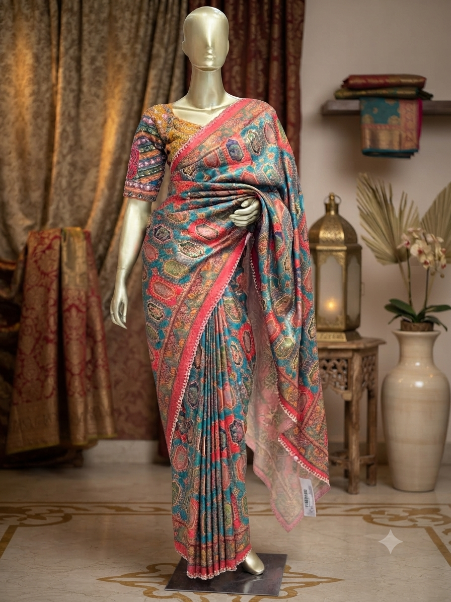 multi colour  Banarasi Silk Saree with Ornate readymade  Matching Blouse q562963