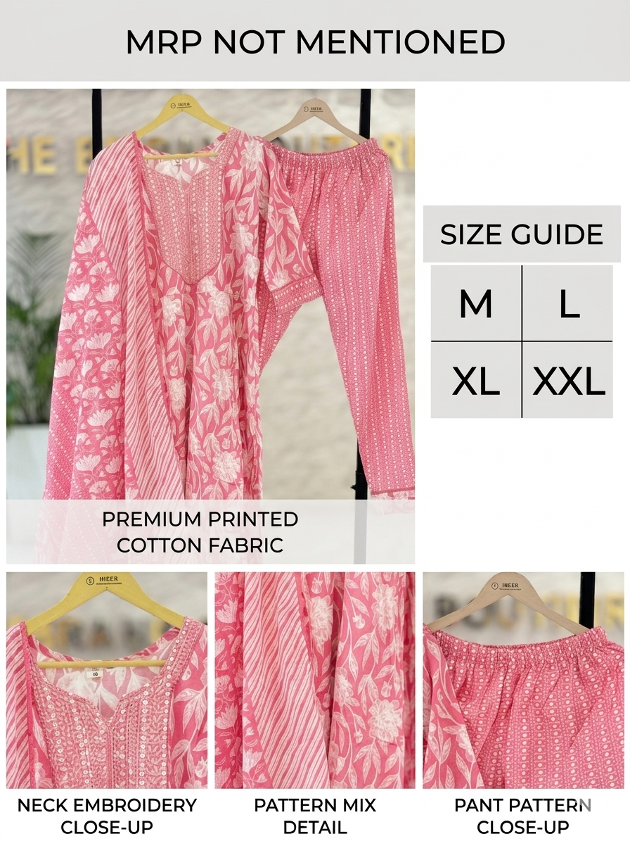 Premium Pink & White Cotton Block Print Anarkali Suit Set with Embroidered Neck & Dupatta - 3 Piece
