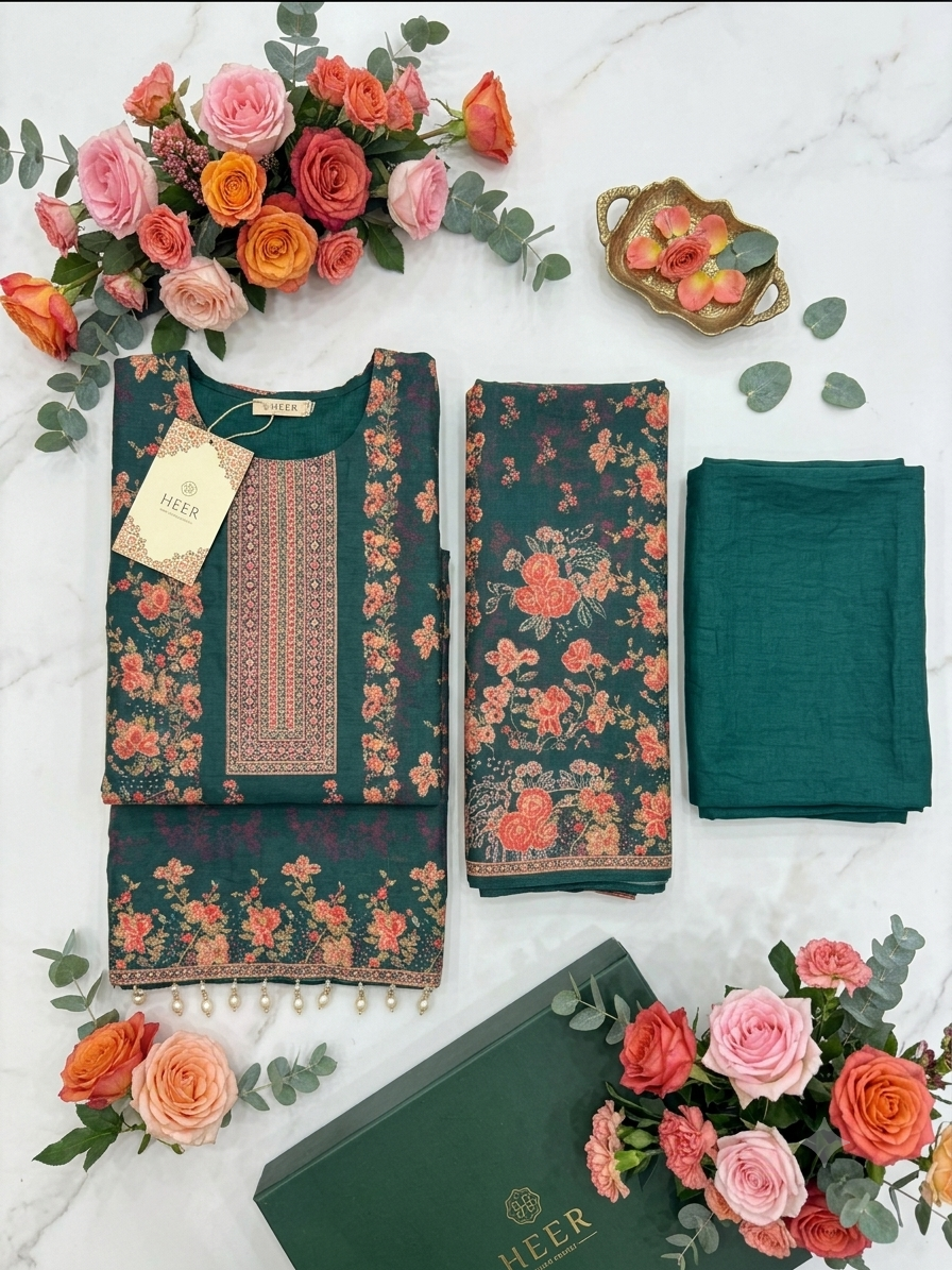 Printed Dark Green Suit Set elegant 3 pcs suit with floral dupatta q562950