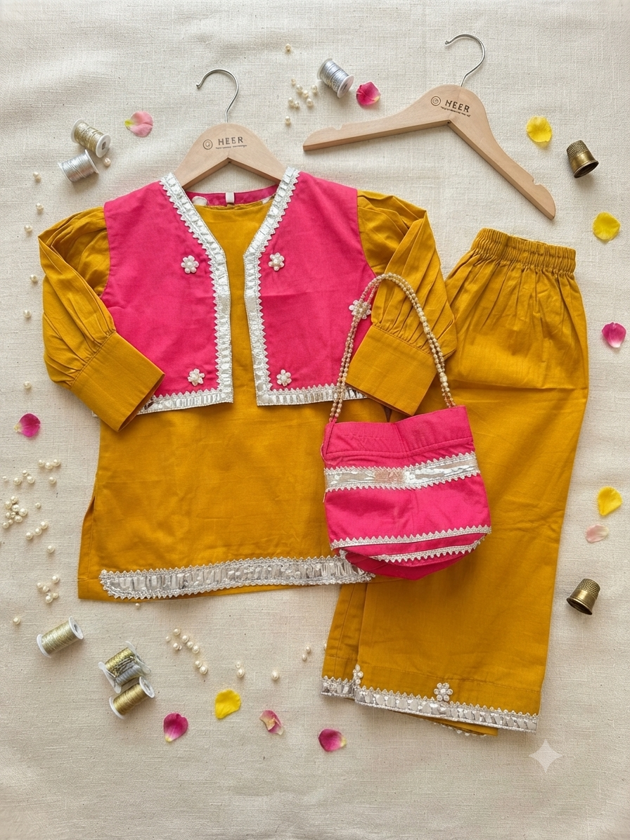 Radiant Mustard & Hot Pink Peplum Kurta with Sharara and Potli Bag Set q562958