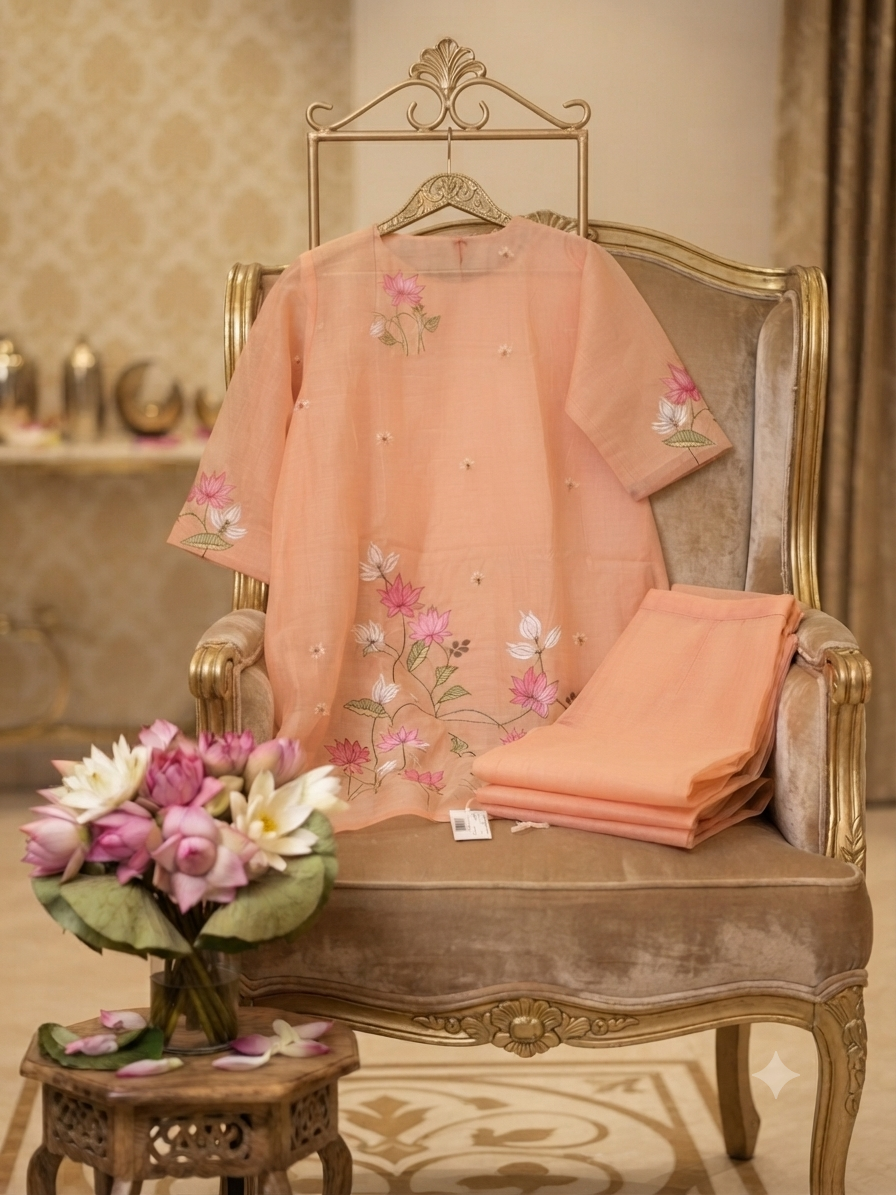 Elegant Peach Organza Co-ord Set with Intricate Floral Embroidery q562936