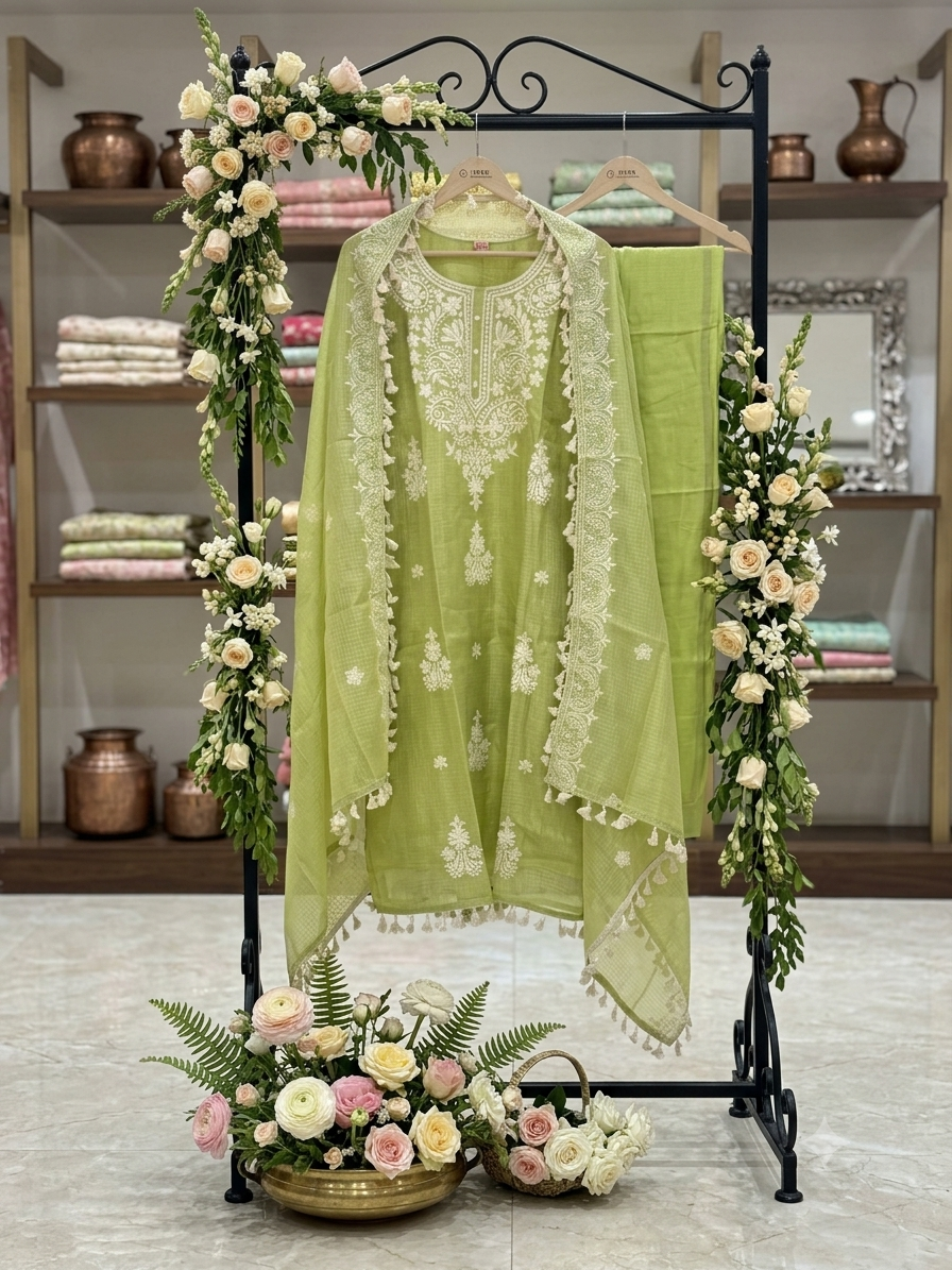 Elegant Lime Green Embroidered Chanderi Cotton Stitched Suit Set q562931