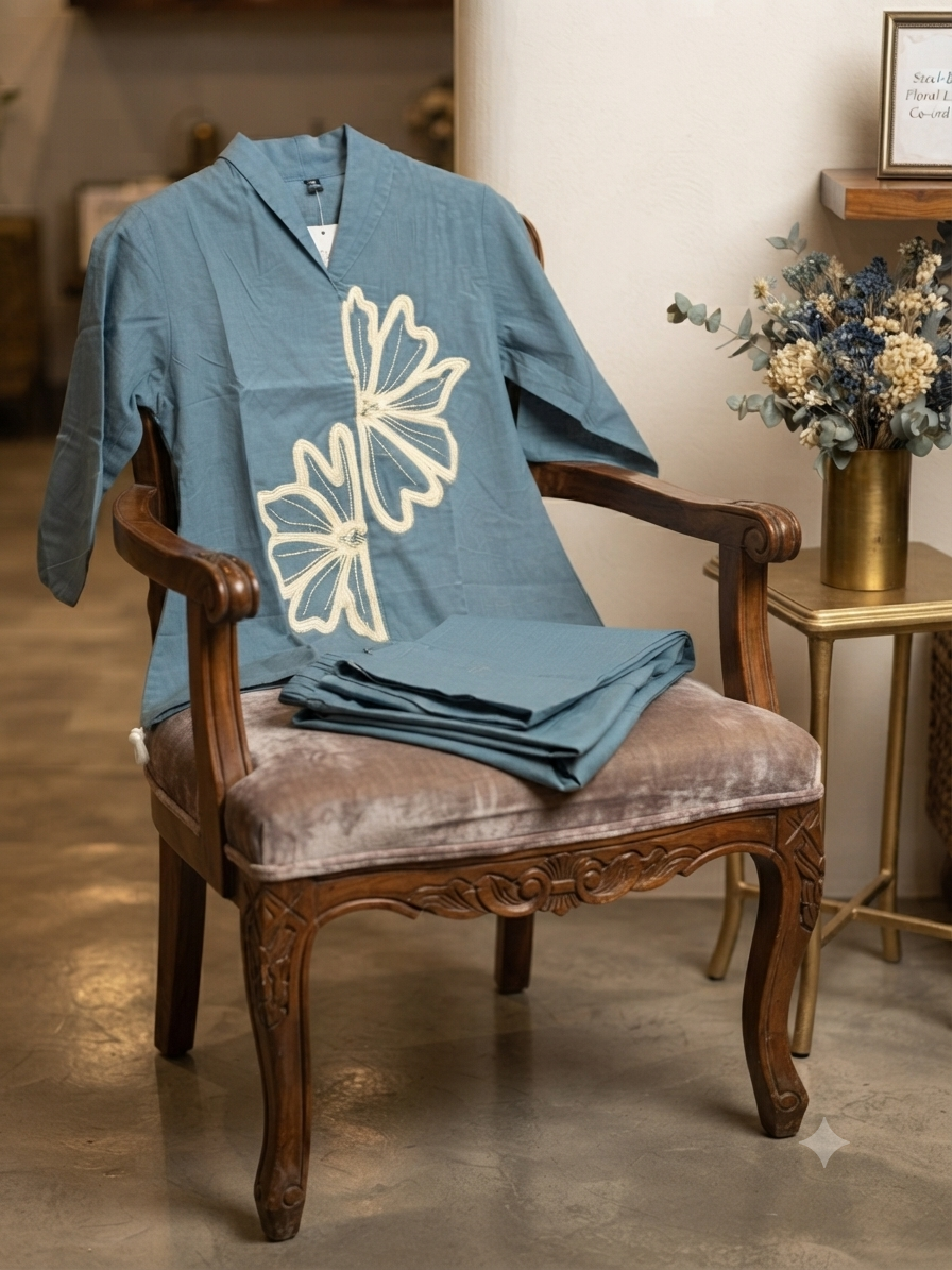 Elegant Steel-Blue Floral Appliqué Linen Co-ord Set q562946