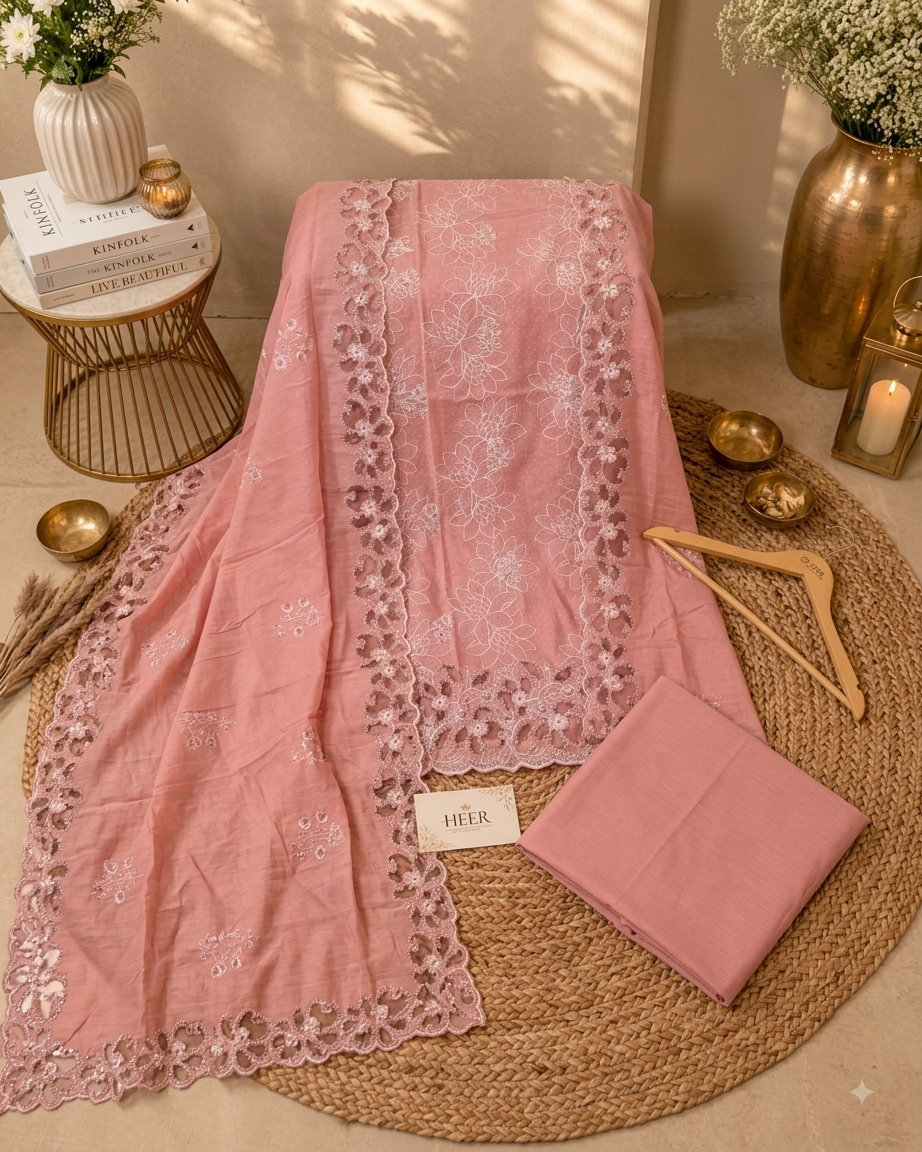 Rose Pink Floral Embroidered Unstitched Suit Set q562911