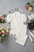Q562558 Elegant White Puff Sleeve Co-ord Set for Women