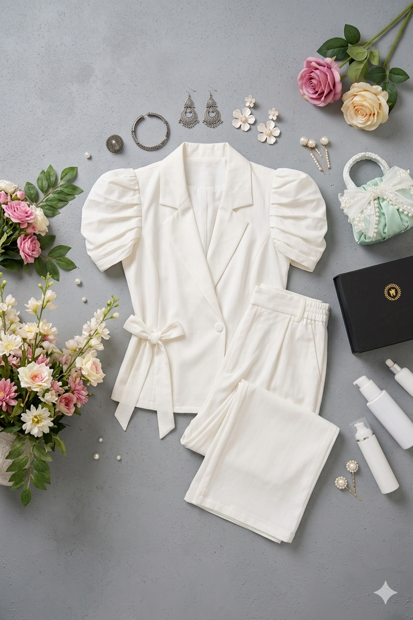 Q562558 Elegant White Puff Sleeve Co-ord Set for Women