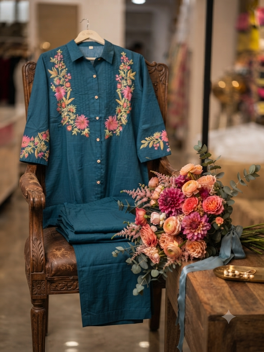 Exquisite Teal Floral Embroidered Kurta and Trouser Set q562947