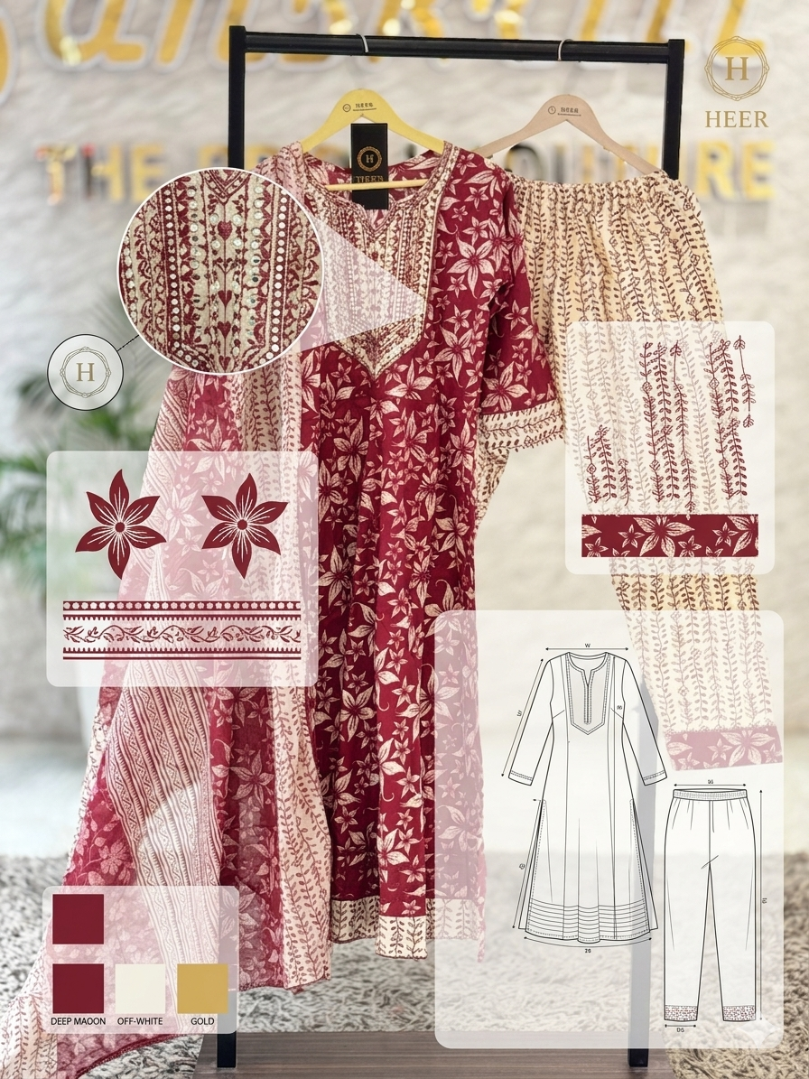 Premium Maroon Floral Hand-Block Printed Cotton Kurta Set with Coordinated Dupatta q562788
