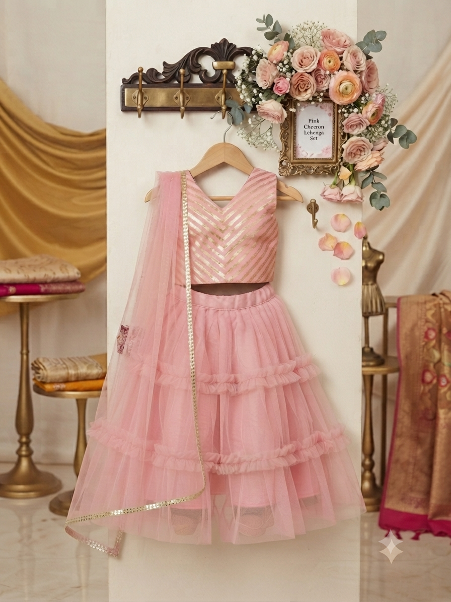Exquisite Pink Chevron Sleeveless Choli and Tiered Tulle Lehenga Set q562954