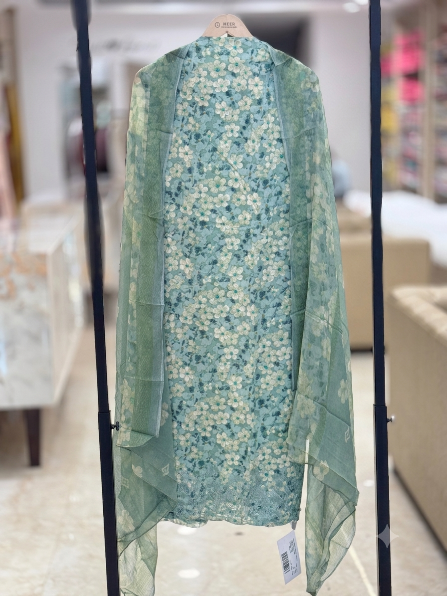 Mint Green Floral Printed Unstitched Cotton Suit Set with Sheer Printed Dupatta q562920