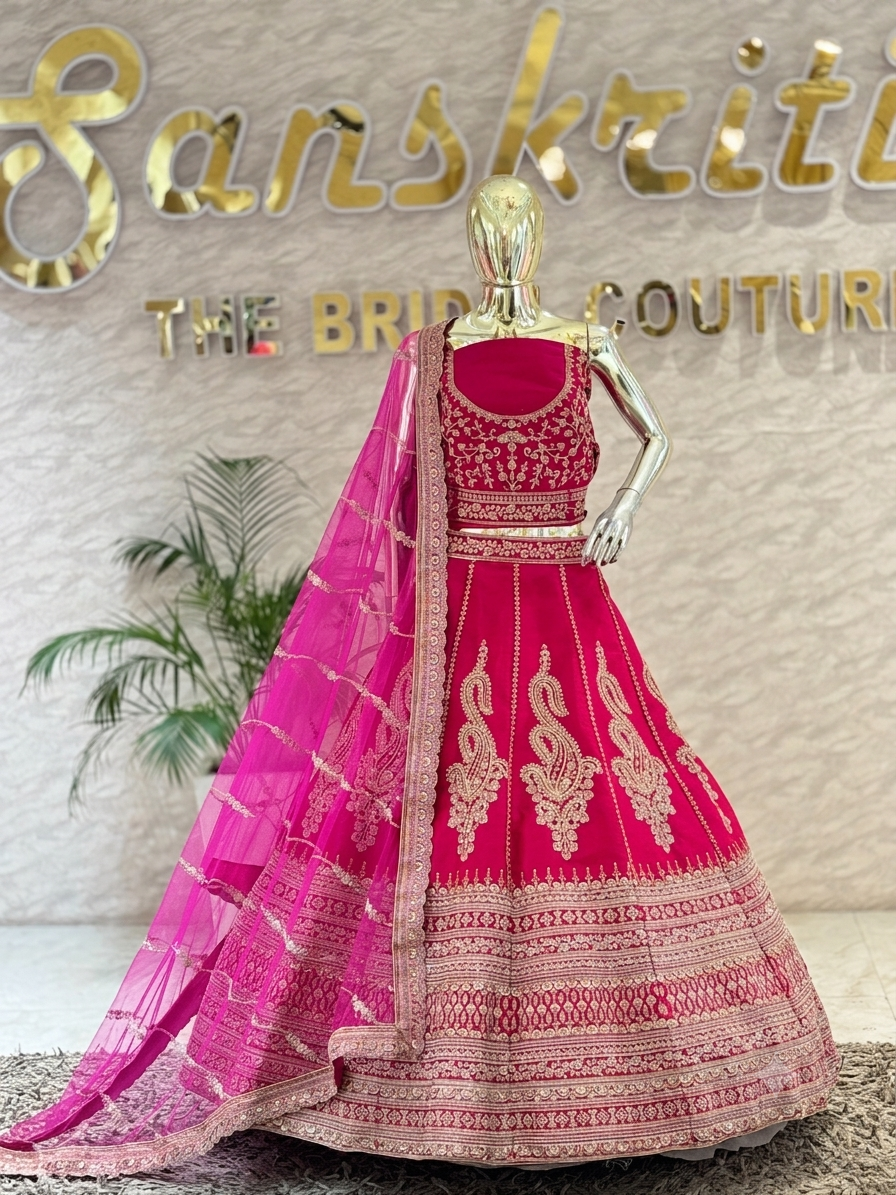 Vibrant Rani Pink Paisley Embroidered Silk Lehenga Choli Set q562144
