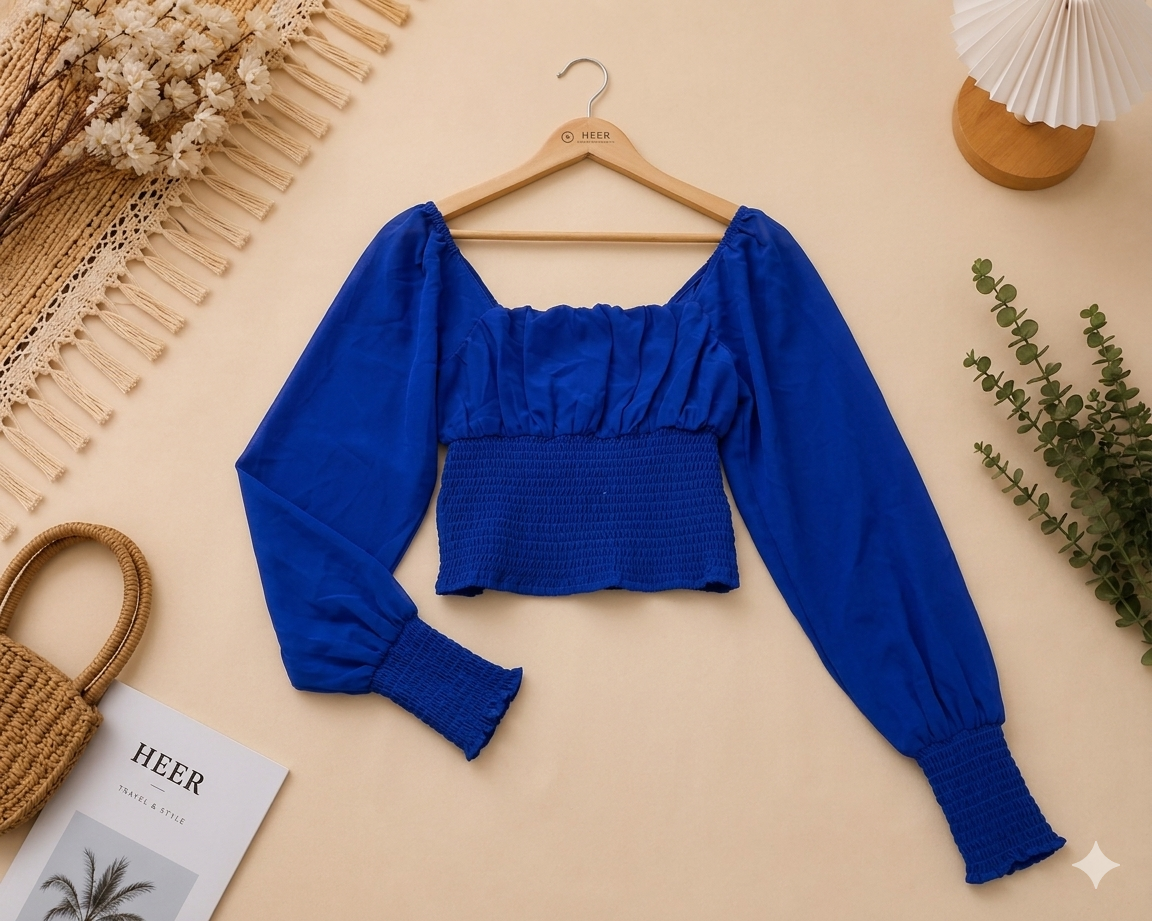 Royal Blue Smocked Off-Shoulder Balloon Sleeve Top q562771