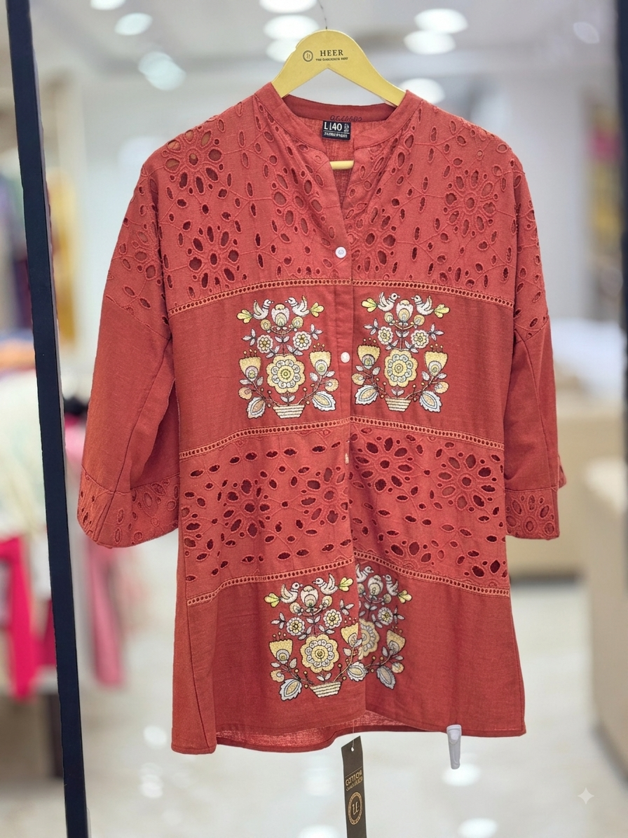 Rust Red Cutwork & Embroidered Cotton Coo-Ord Set q562670
