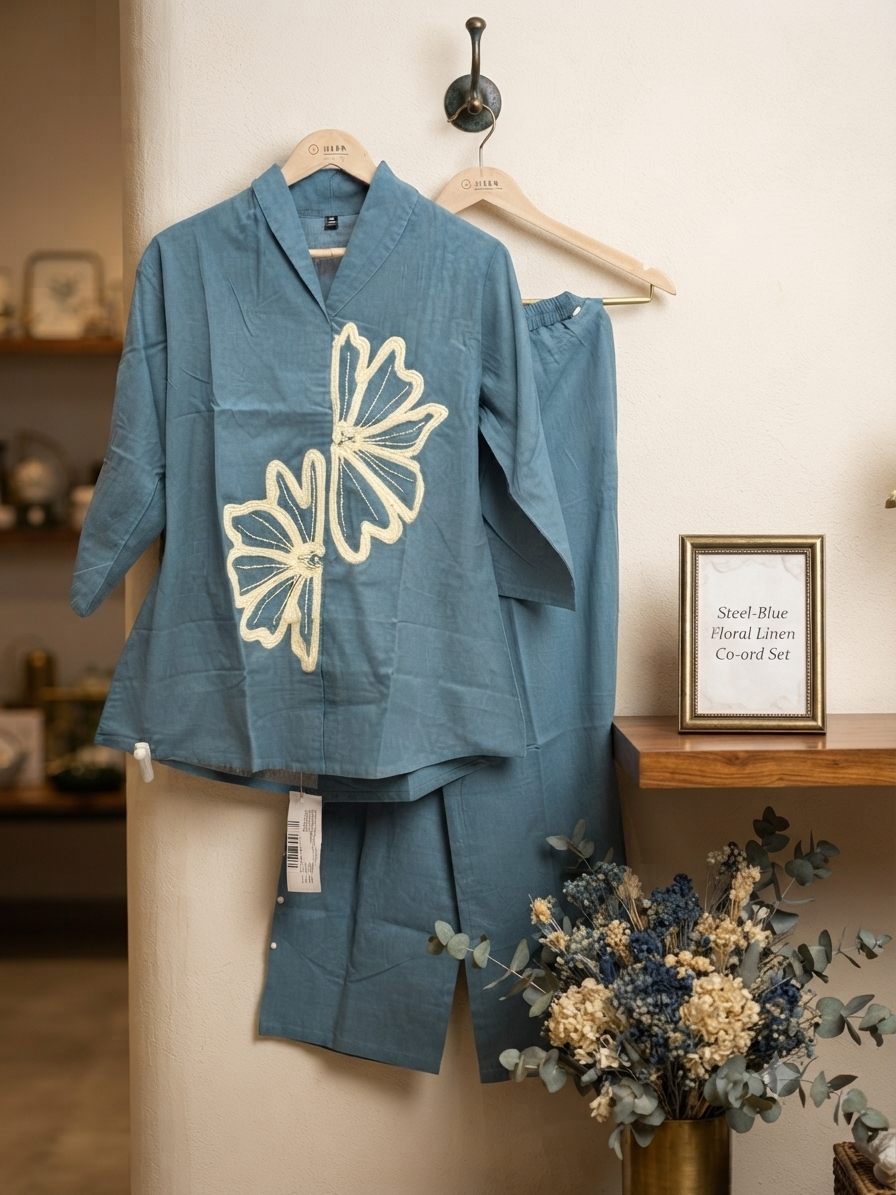 Elegant Steel-Blue Floral Appliqué Linen Co-ord Set q562946