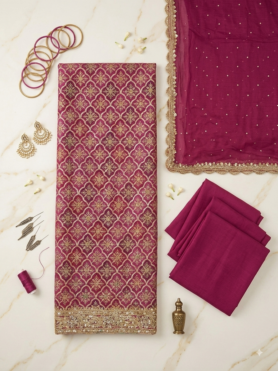 Premium Magenta Embroidered Unstitched Suit with Sheer Designer Dupatta q561939