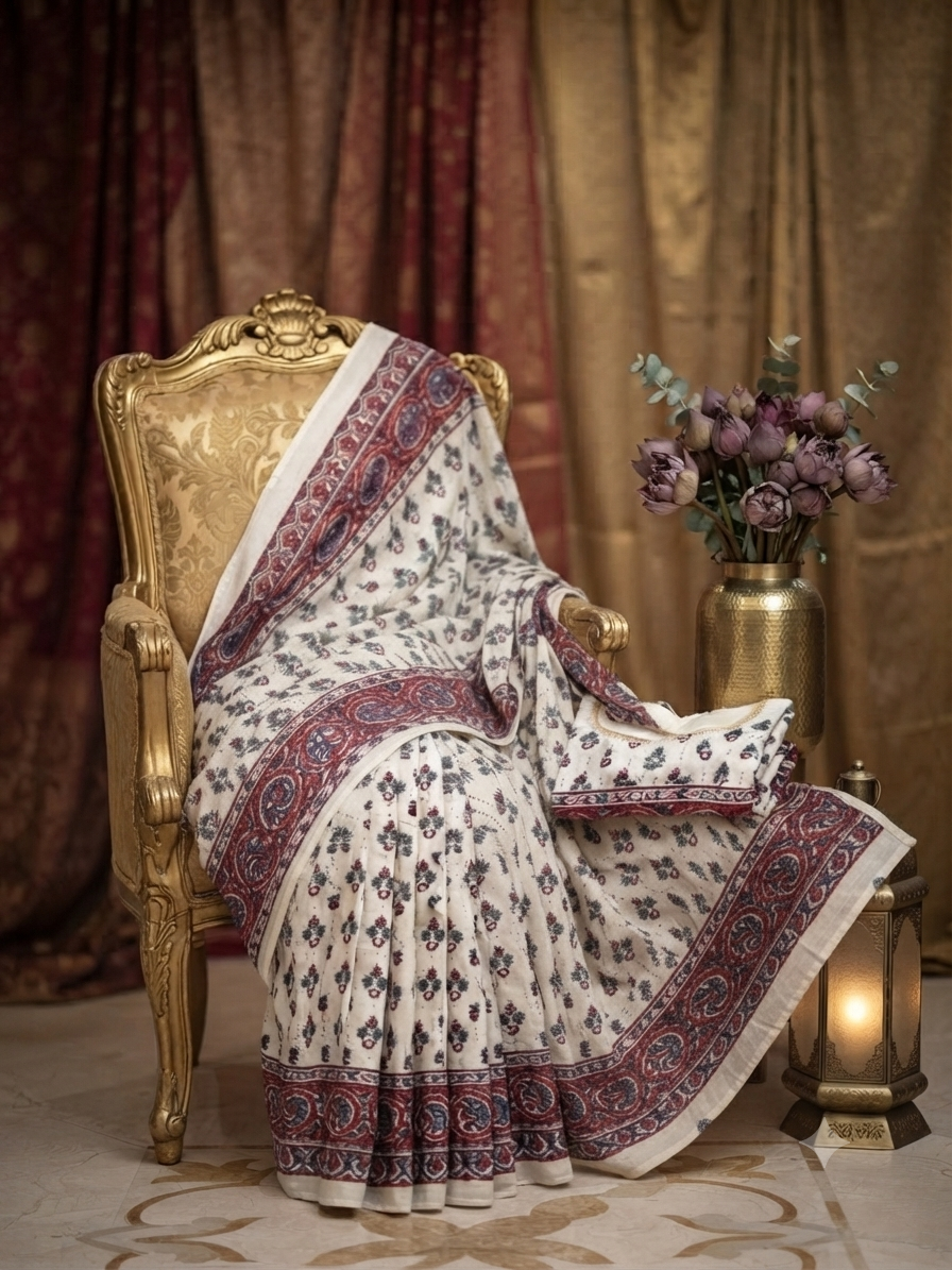 Elegant Off-White and Maroon Block Print Cotton Saree with Traditional Border q562964
