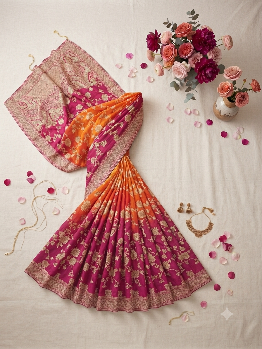 Exquisite Magenta Pink and Orange Ombre Silk Saree with Gold Zari q561180