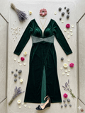 Q56716 Emerald Green Deep Neck Bodycon Midi Dress with Embellished Waist